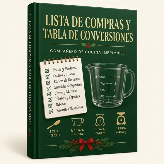 Portada 3D del bono — Lista de compras imprimible y tabla de conversiones