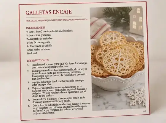 Página abierta del libro mostrando la receta Galletas encaje