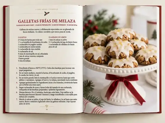 Página abierta del libro mostrando la receta Galletas frías de melaza